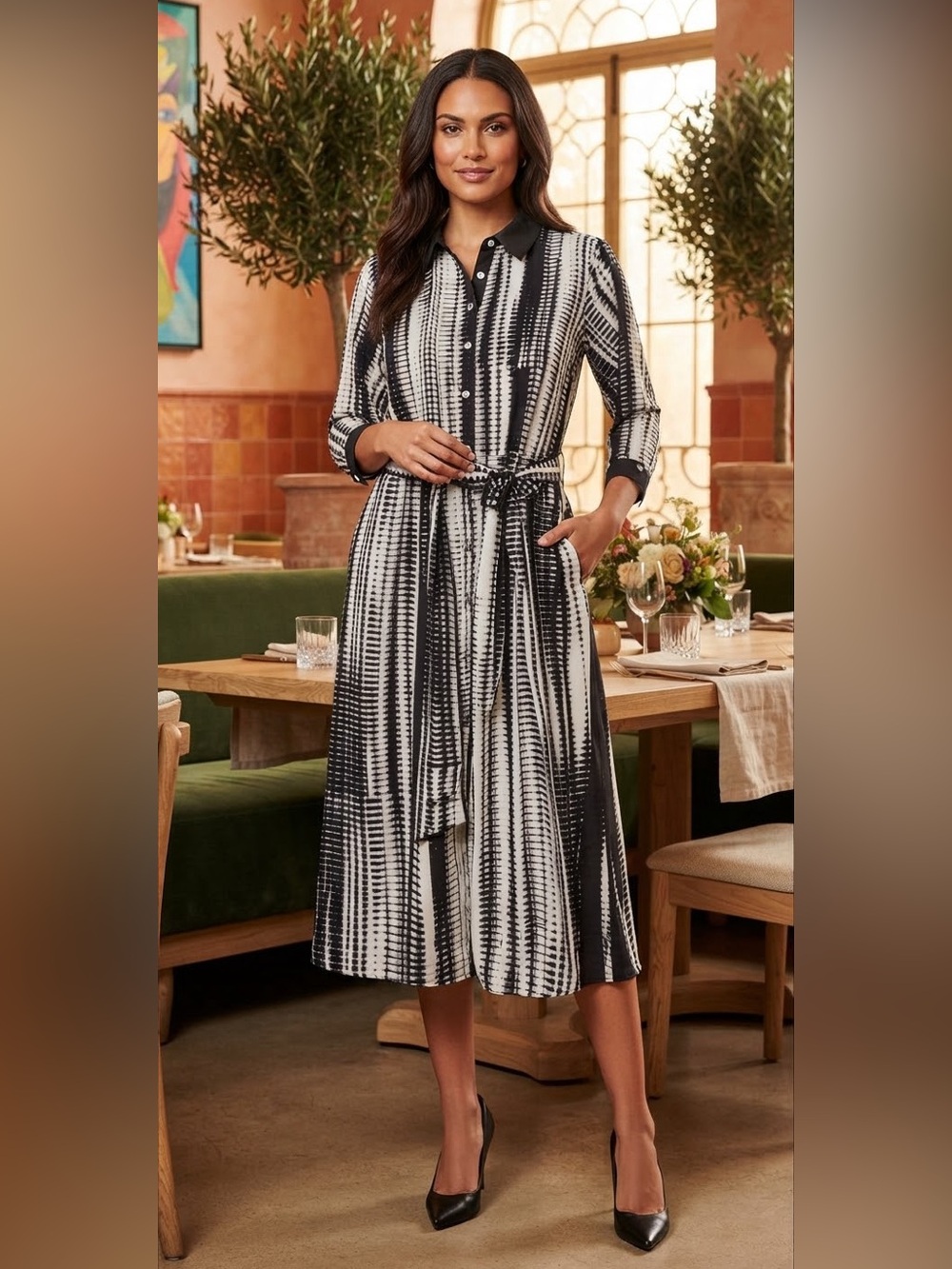 Adrienne Vittadini Black & Cream Abstract Midi Shirtdress Sz L